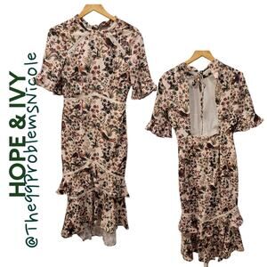 Hope & Ivy Dress Floral Midi Dress Peplum Hem Ruffle Sleeves